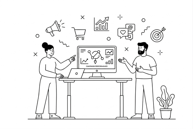 Line drawing of two people at a desk reviewing campaign performance on a monitor