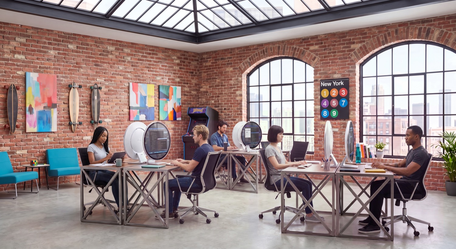 A creative team collaborating in a bright studio workspace