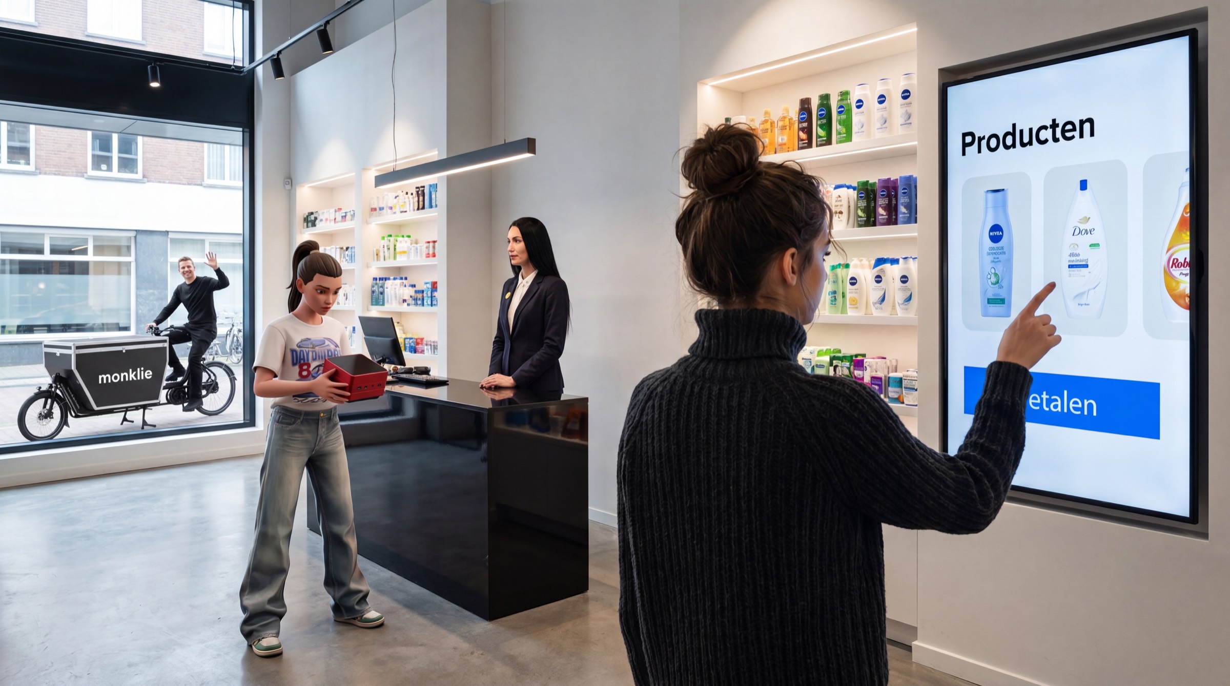 A Monklie shop: a customer at a self-service kiosk, shelves of everyday personal care, and a cargo bike passing the window