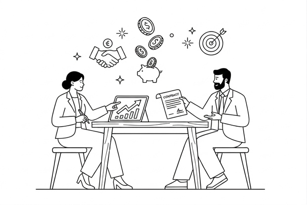 Line drawing of two people across a table with a contract, a chart on a laptop, and a handshake and coins above them